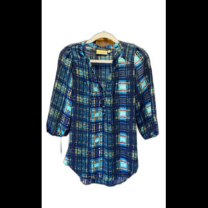 Princess Vera Wang Blouse Size XS Blue Plaid Tie Neckline 3/4 Sleeve Sheer Top